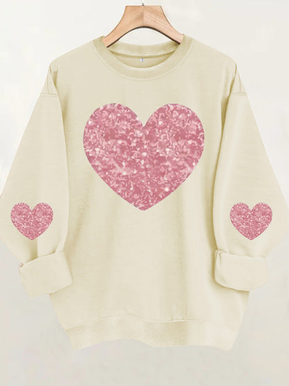 Pink Glitter Heart Print Grey Sweatshirt | Cozy Long Sleeve Pullover for Women