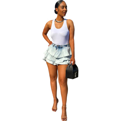 High-Waisted Denim Ruffle Mini Skirt - Fashion Irregular Skirt for Women