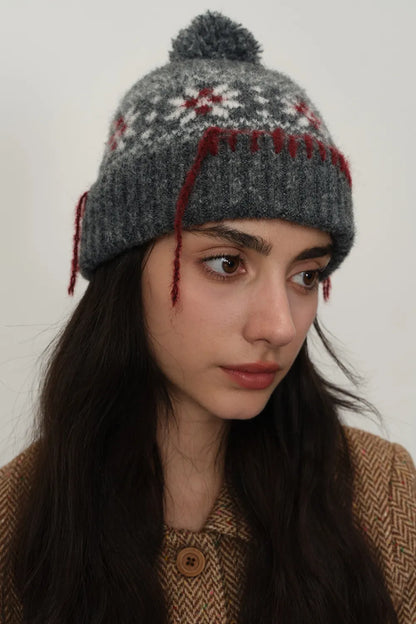 Geometric Pattern Knit Beanie with Seam Trim and Pompom | Stylish Winter Cap