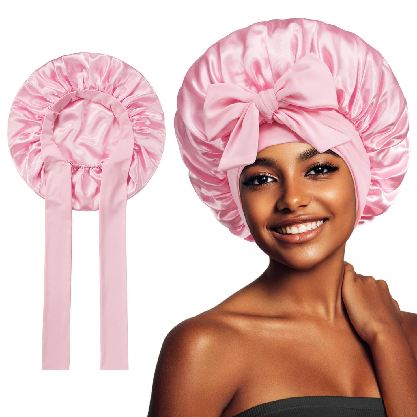 Wide-Brimmed Satin Bonnets with Elastic Ribbon Bow | Solid Color Hairdressing Sleep Cap