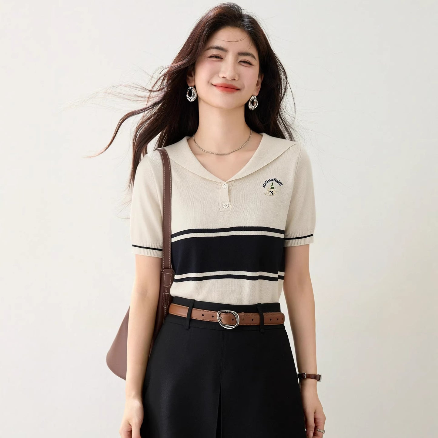 Women's Navy Collar Striped Knit Shirt - Retro Casual Short Sleeve Top