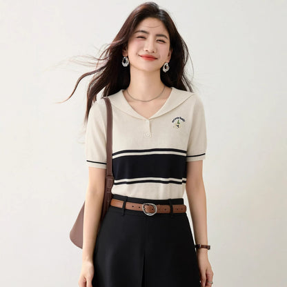 Women's Navy Collar Striped Knit Shirt - Retro Casual Short Sleeve Top
