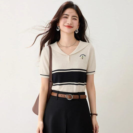 Women's Navy Collar Striped Knit Shirt - Retro Casual Short Sleeve Top