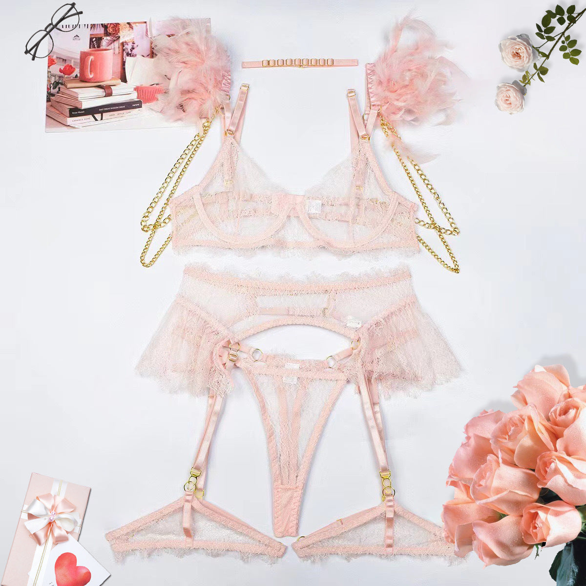 Fashionable Sexy White/Pink Lingerie Set with Removable Chain and