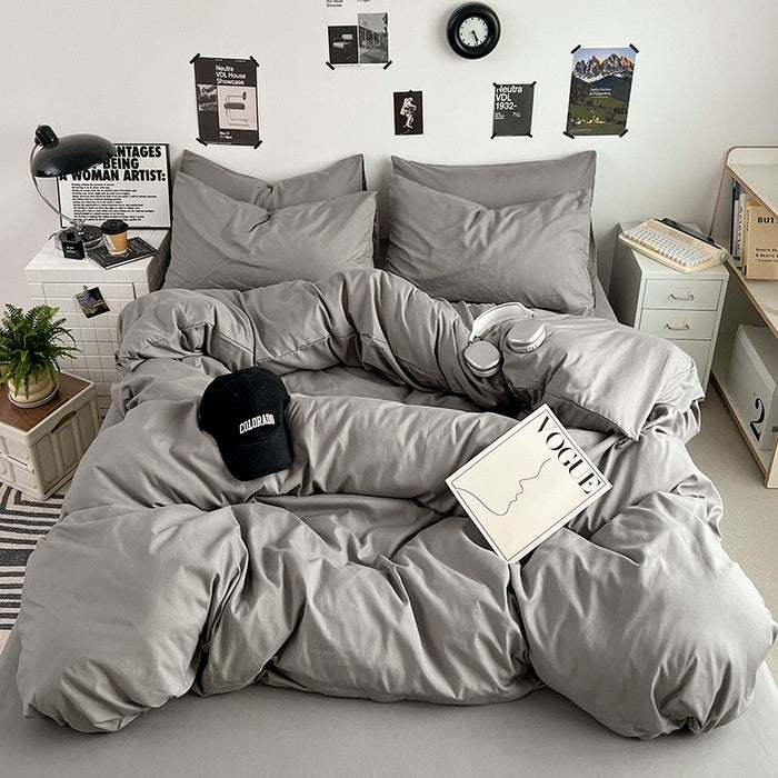Premium Washed Cotton Double-Spliced Bedding Set – Soft Sky Blue & Cream 4-Piece Duvet Cover Set for Dormitory & Home