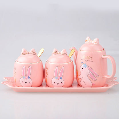 Cute Cartoon Rabbit Ceramic Spice Jar Set - 3 Pieces with Tray