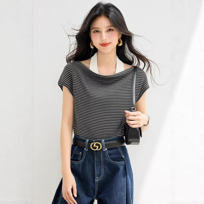 Women's Casual Striped Off-Shoulder Top - Halter Neck Fitted Shirt