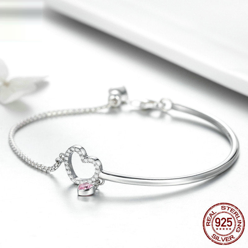 S925 Sterling Silver Heart Bracelet with Pink Crystal Charm