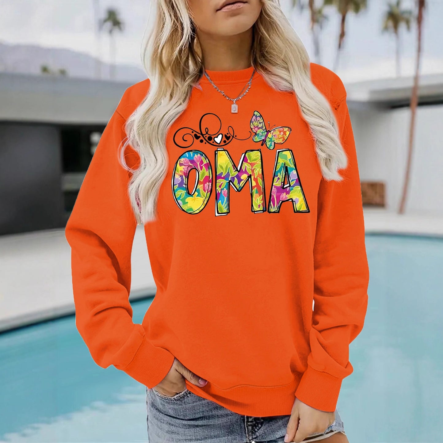 OMA" Butterfly Tie-Dye Print Sweatshirt | Loose Fit Brown Pullover for Grandmas