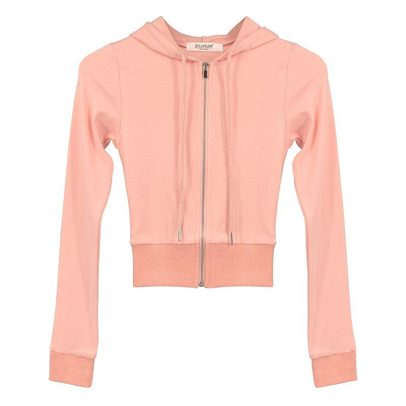 Slim Fit Cropped Zip-Up Hoodie - Peach Pink Lightweight Hooded Sweatshirt for Women