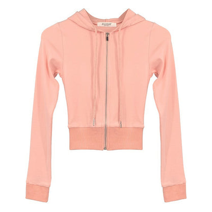 Slim Fit Cropped Zip-Up Hoodie - Peach Pink Lightweight Hooded Sweatshirt for Women