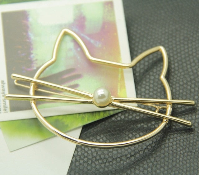 Hollow Out Cute Cat Head Hair Clip / Gold Tone Imitation Pearl Hair Pin for Women and Girls
