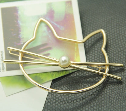 Hollow Out Cute Cat Head Hair Clip / Gold Tone Imitation Pearl Hair Pin for Women and Girls