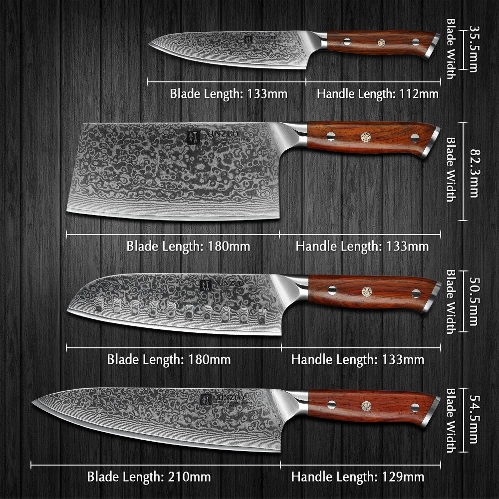 XINZUO 4-Piece Damascus Steel Kitchen Knife Set - 67 Layers VG10 Core Chef, Santoku, Utility & Cleaver Knives with Ergonomic Wood Handle