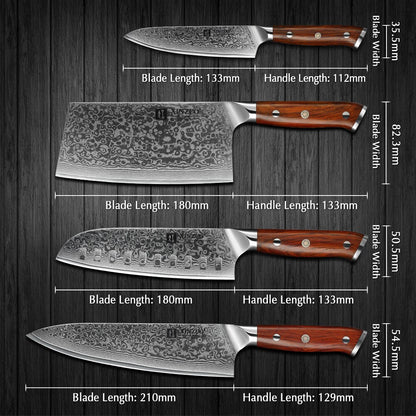 XINZUO 4-Piece Damascus Steel Kitchen Knife Set - 67 Layers VG10 Core Chef, Santoku, Utility & Cleaver Knives with Ergonomic Wood Handle