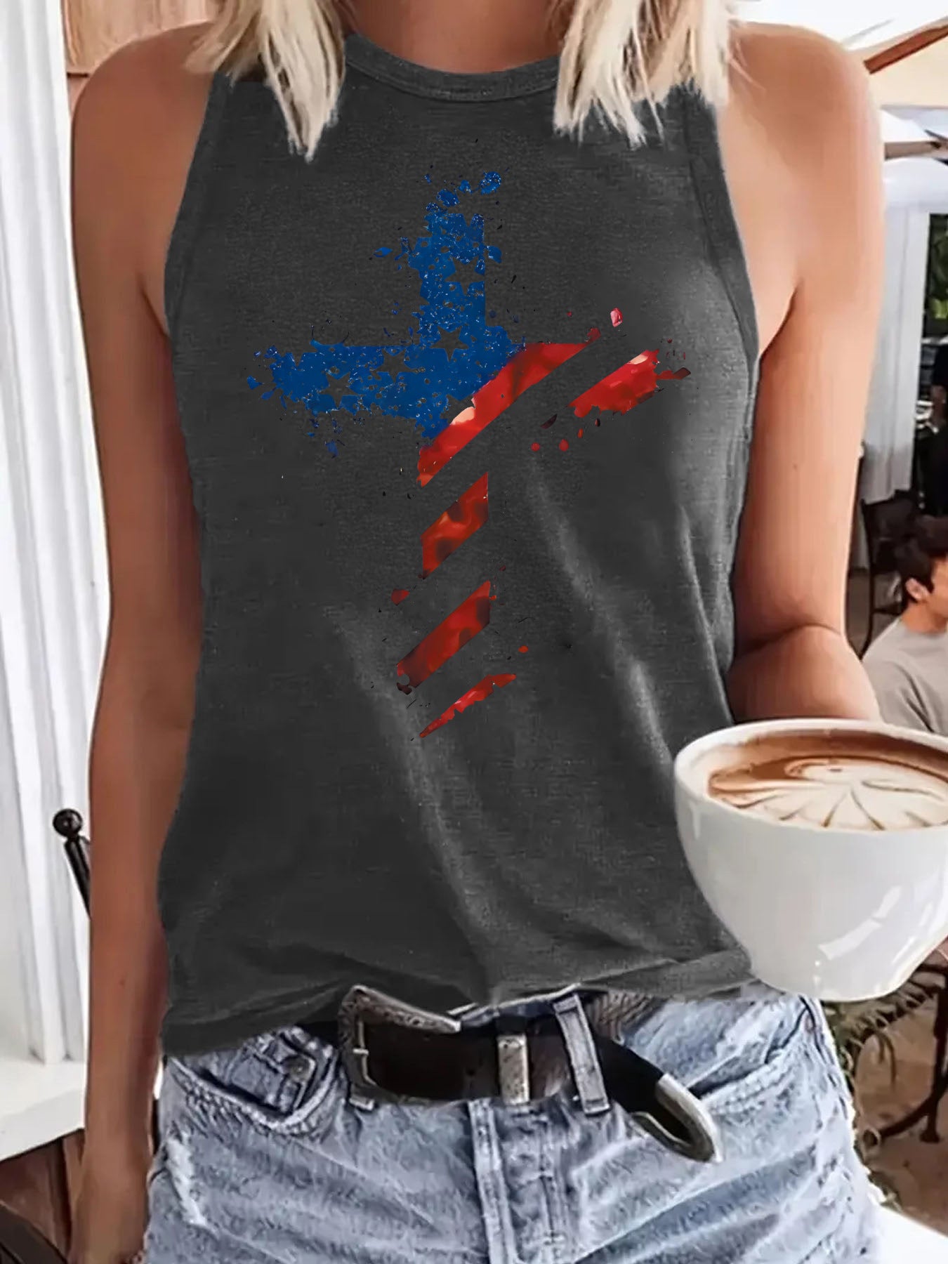 Sleeveless Top T-Shirt Round Neck Pullover | Patriotic American Flag Cross Graphic Tank