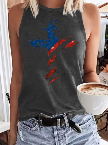 Sleeveless Top T-Shirt Round Neck Pullover | Patriotic American Flag Cross Graphic Tank