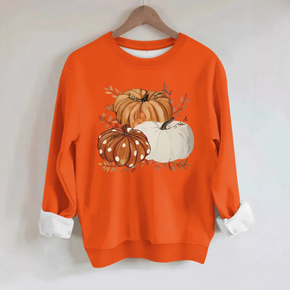 Three Pumpkin Pattern Printed Fall Sweatshirt | Thanksgiving Autumn Graphic Pullover