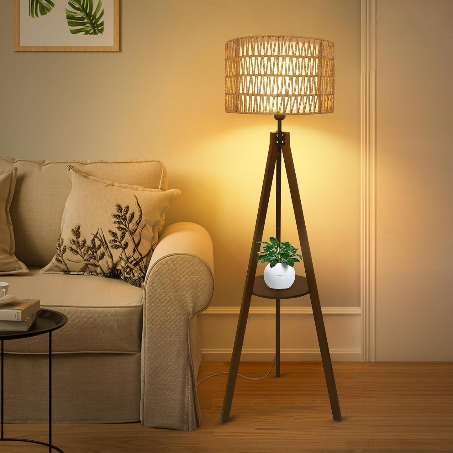 Boho Wooden Tripod Floor Lamp – Elegant Standing Lamp with Rattan Shade & Built-in Shelf for Bedroom Decor