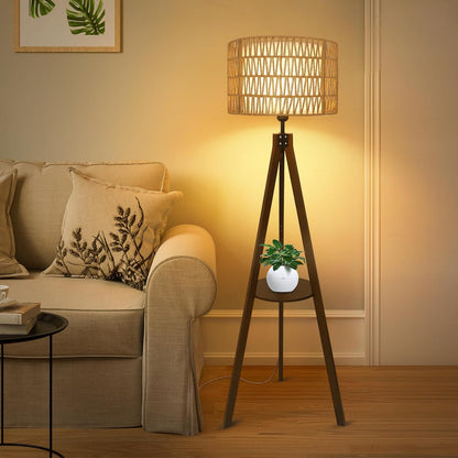 Boho Wooden Tripod Floor Lamp – Elegant Standing Lamp with Rattan Shade & Built-in Shelf for Bedroom Decor