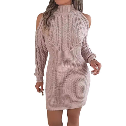 Elegant Turtleneck Lantern Sleeve Knitted Dress - Cozy Autumn & Winter Style
