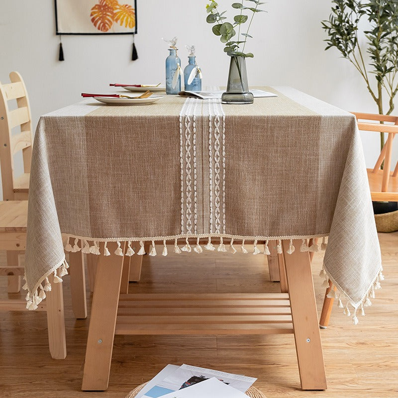 Nordic Jacquard Cotton Linen Tablecloth – Elegant Pink Long Stripe Table Cover with Decorative Tassels