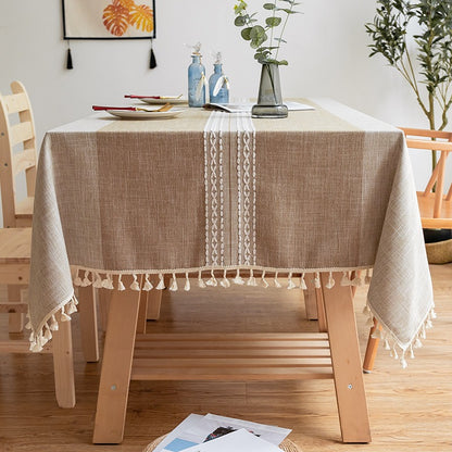 Nordic Jacquard Cotton Linen Tablecloth – Elegant Pink Long Stripe Table Cover with Decorative Tassels