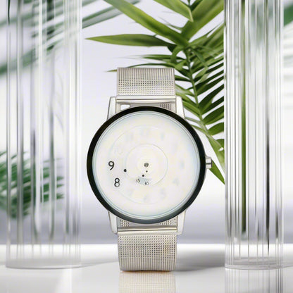 Trendy Pointerless Concept Watch with Stainless Steel Mesh Strap.