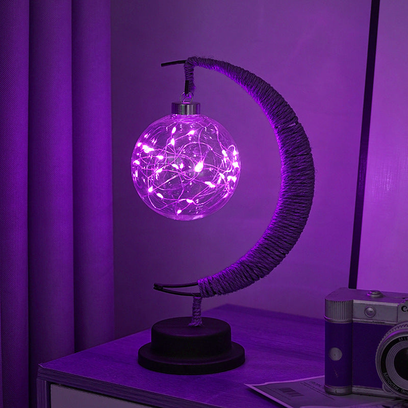 LED Star in Moon Night Light with Hemp Rope and Iron Art Base