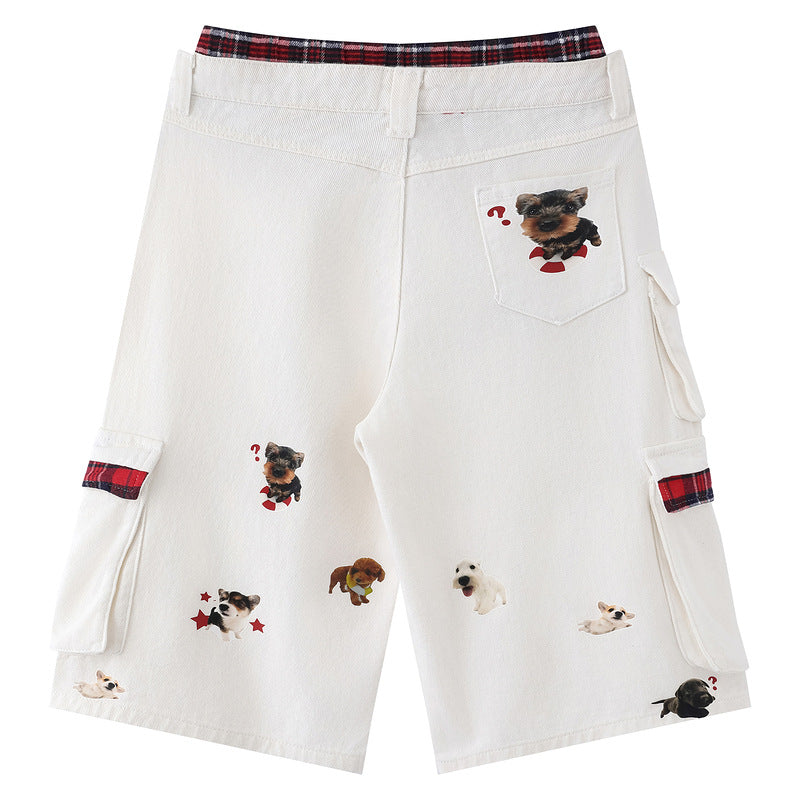Street Style Plaid Spliced Cargo Shorts – Aesthetic White Wide-Leg Denim for Women