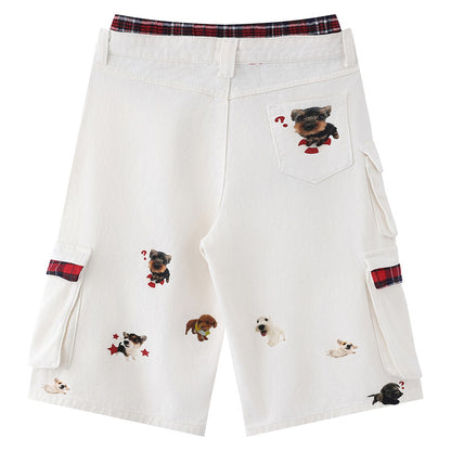 Street Style Plaid Spliced Cargo Shorts – Aesthetic White Wide-Leg Denim for Women