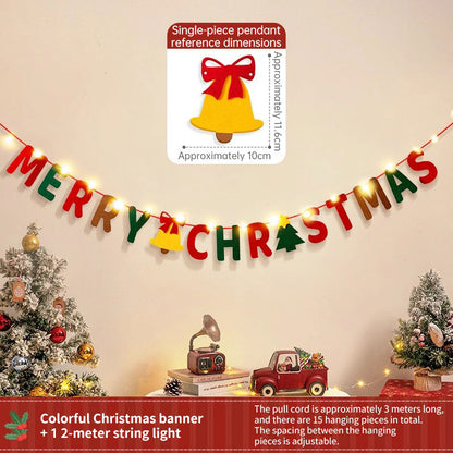 Handmade Christmas Pull String Flag Banner with LED String Lights