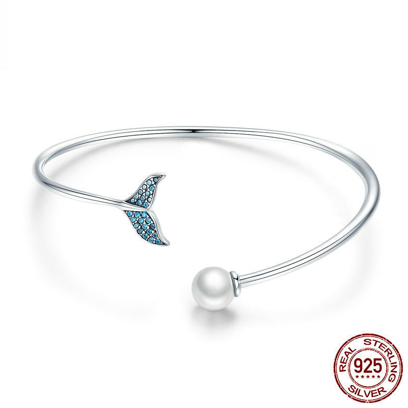 Blue Crystal Mermaid Tail & Pearl Adjustable Silver Bracelet