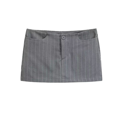 Classic Striped Low-Waisted Slim Fit Mini Skirt with Single Button