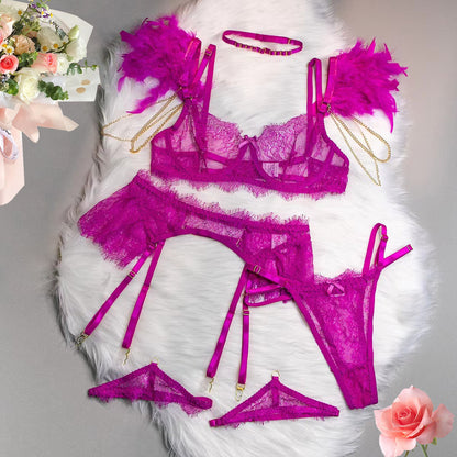 Fashionable Sexy White/Pink Lingerie Set with Removable Chain and