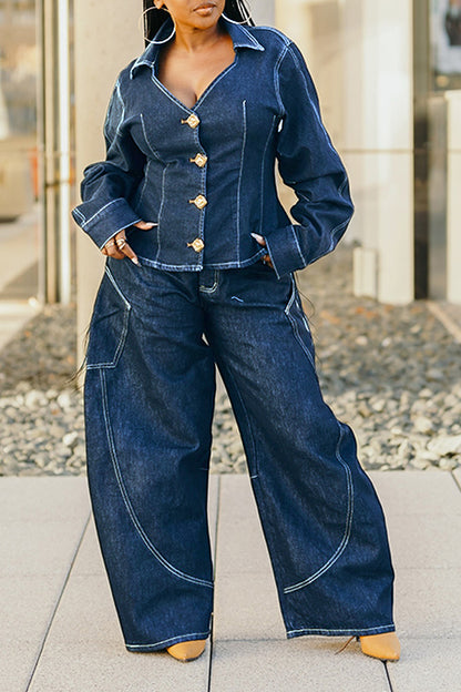 Stylish Stitched Curved Hem Denim Pants - Trendy Wide Leg Jeans for Women