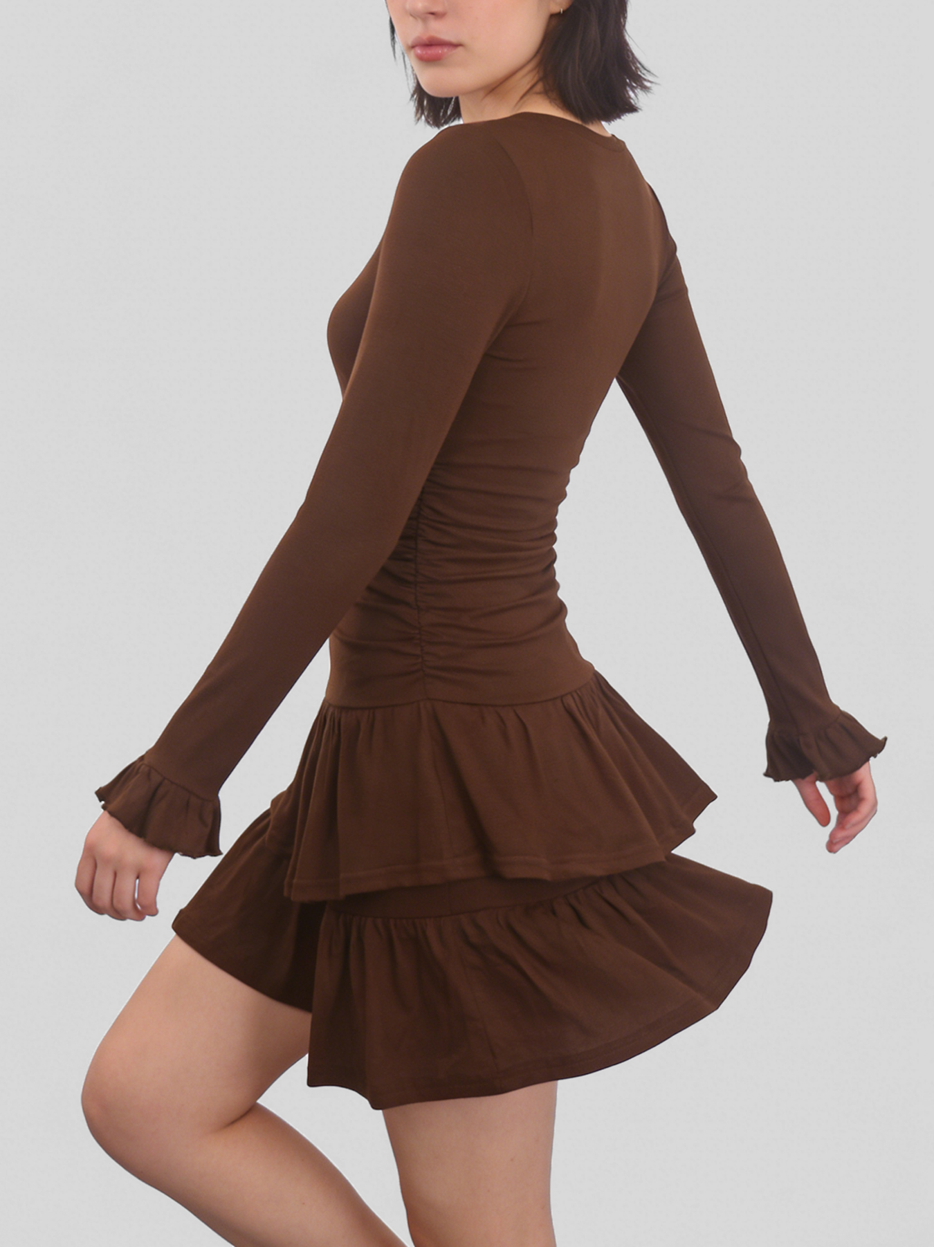 Vintage Brown Multi-Layered Ruffle Mini Dress – Elegant V-Neck Long Sleeve Party Dress