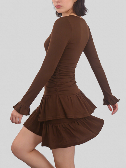 Vintage Brown Multi-Layered Ruffle Mini Dress – Elegant V-Neck Long Sleeve Party Dress