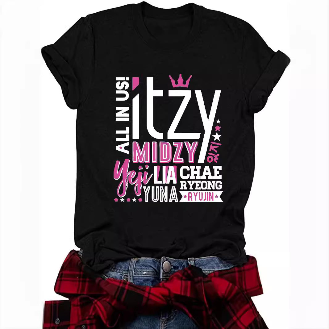ITZY Slogan Letter Round Neck Short Sleeved Shirt | K-Pop Inspired Graphic T-Shirt
