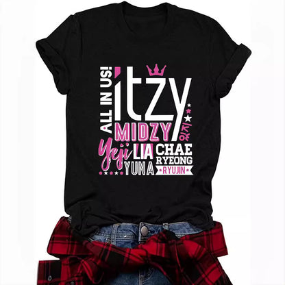 ITZY Slogan Letter Round Neck Short Sleeved Shirt | K-Pop Inspired Graphic T-Shirt