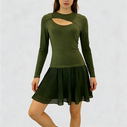 Women's Elegant Chiffon Pleated Mini Dress with Chest Cutout