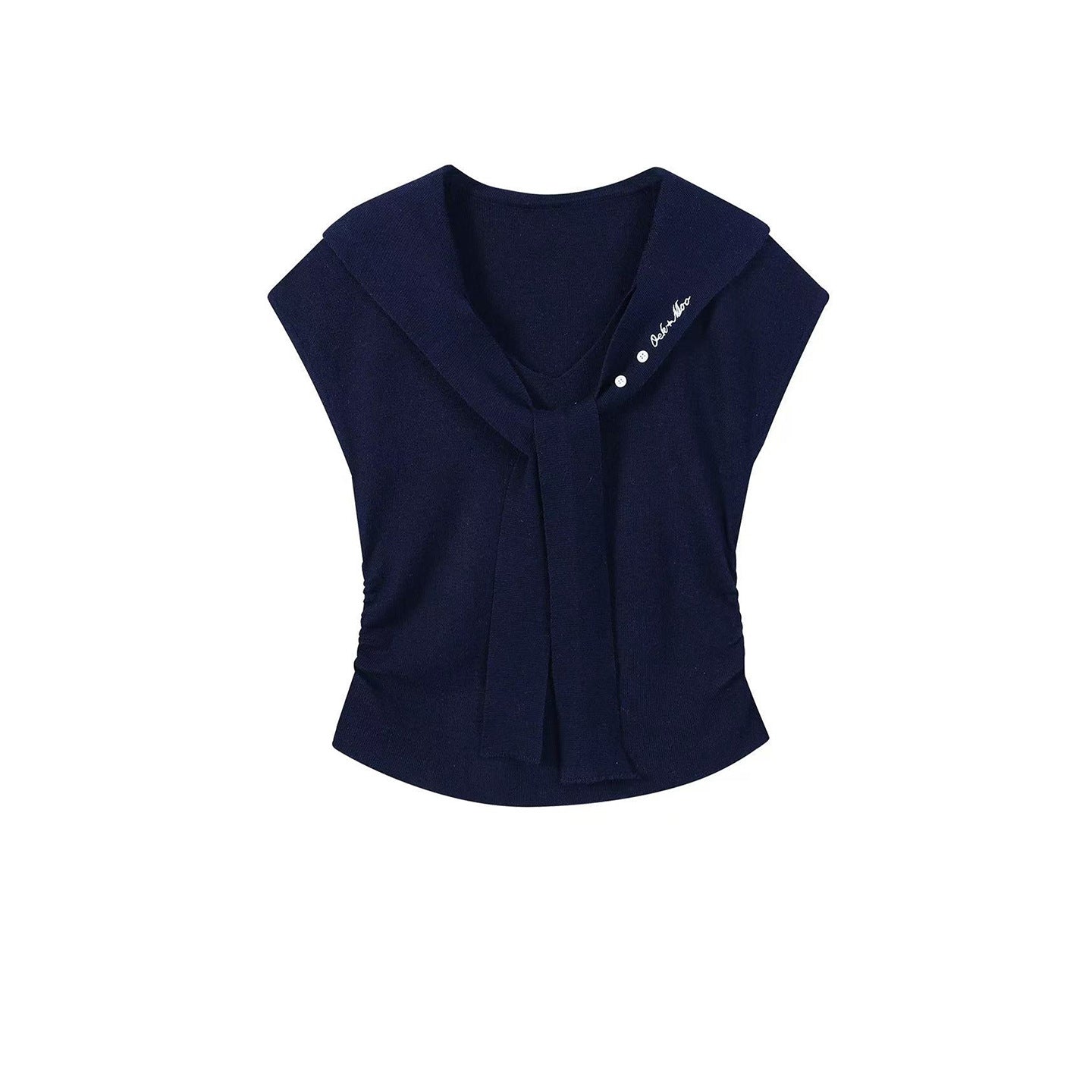 Women's Sailor Collar Embroidered Knit Top - Mock Two-Piece Flutter Sleeve Shirt