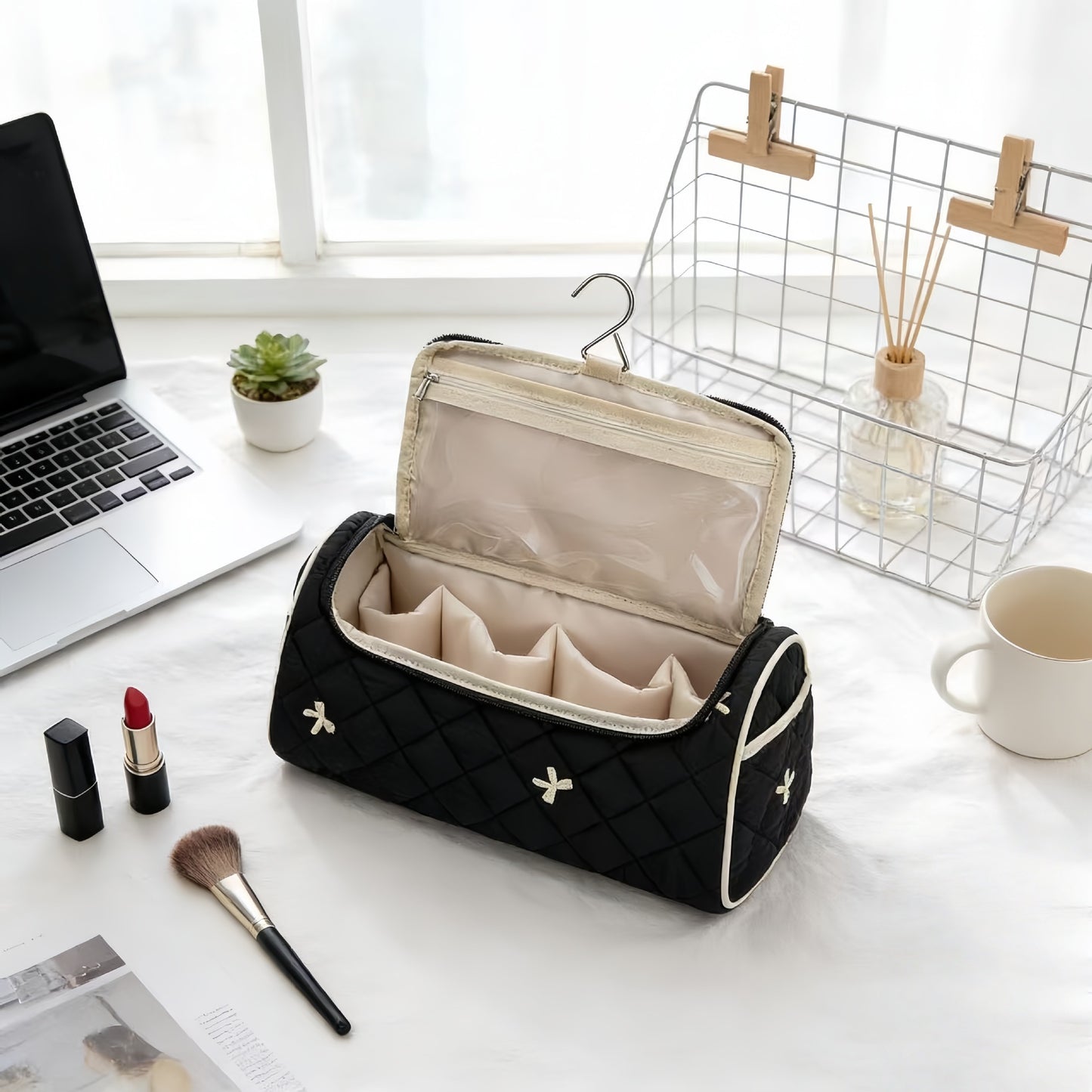 Hanging Quilted Floral Cosmetic Bag - Large Capacity Travel Toiletry Storage Organizer