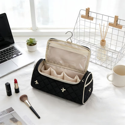 Hanging Quilted Floral Cosmetic Bag - Large Capacity Travel Toiletry Storage Organizer