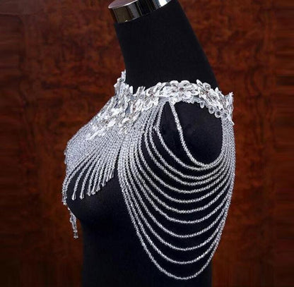 White Crystal Beaded Wedding Bolero / Rhinestone Tassel Shoulder Wrap Applique for Bridal Gown or Evening Dress
