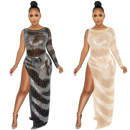 Glamorous Rhinestone Single Long Sleeve Maxi Dress – Sexy Irregular Slit Nightclub Outfit for Women