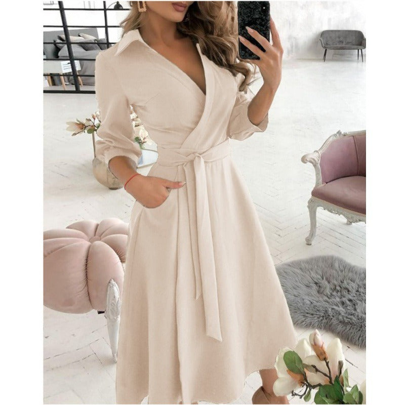 Elegant V-Neck Wrap Midi Dress - Chic Long Sleeve Office & Party Wear for Women