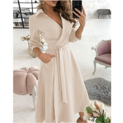 Elegant V-Neck Wrap Midi Dress - Chic Long Sleeve Office & Party Wear for Women