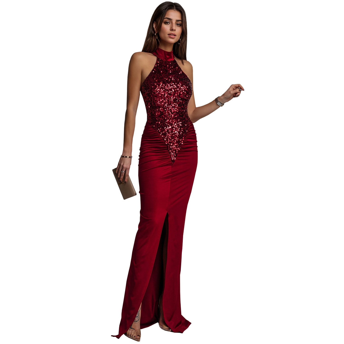 Sparkling Sequin Velvet Halter Neck Maxi Dress - Elegant High Slit Party Gown for Women