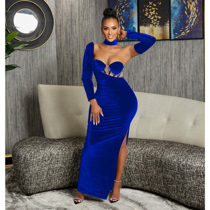 Glamorous Strapless Velvet Bodycon Dress with Matching Gloves - High Slit Long Evening Gown